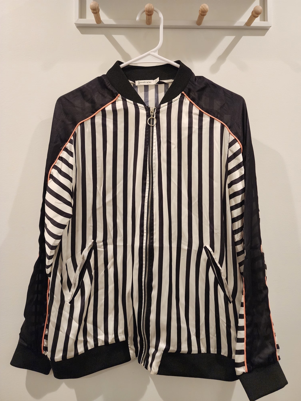 stradivarius Black & White Striped Bomber Jacket with Orange Piping